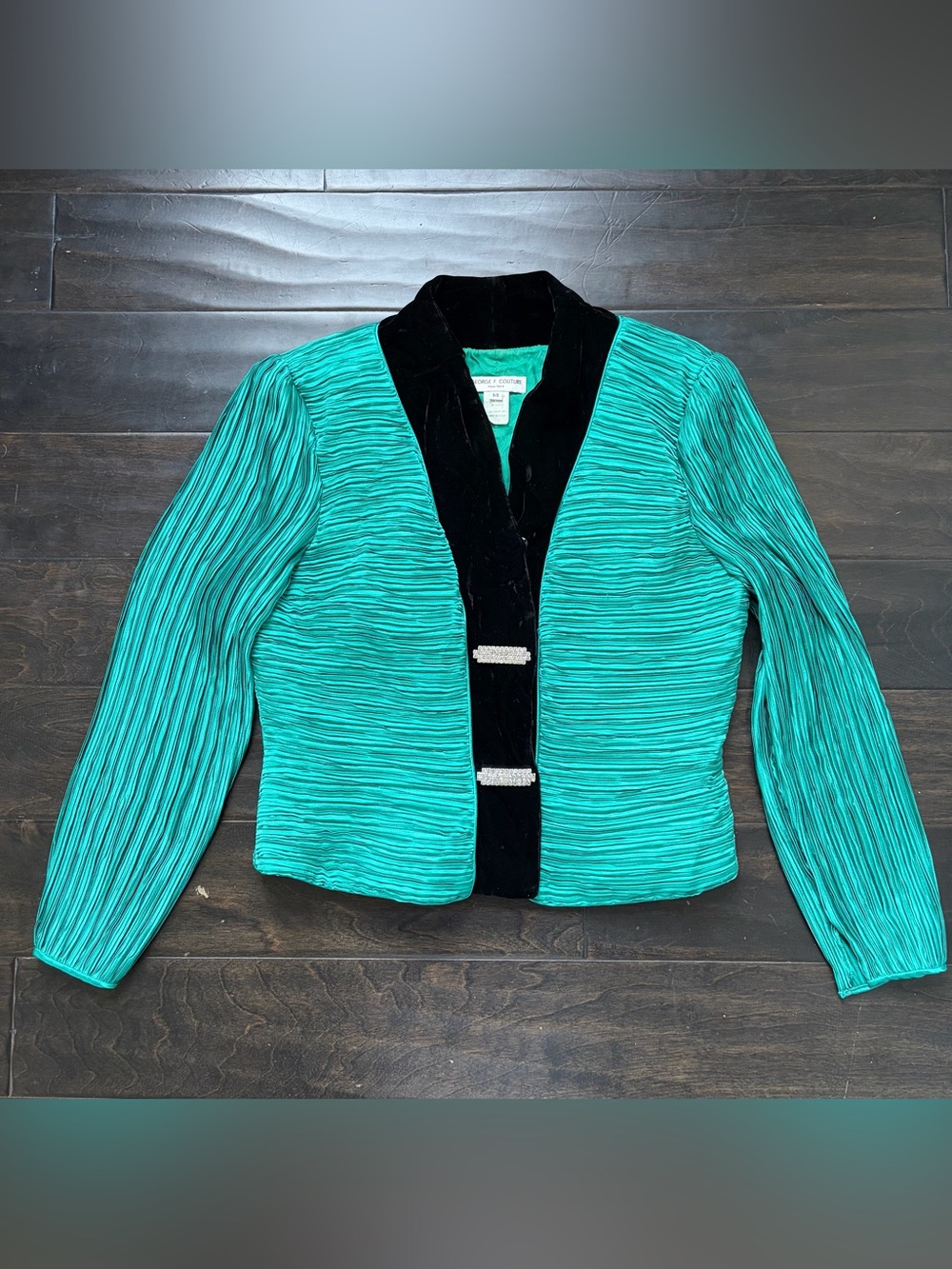 80s Vintage Glam George F Couture Emerald Green Plisse & Velvet Jacket